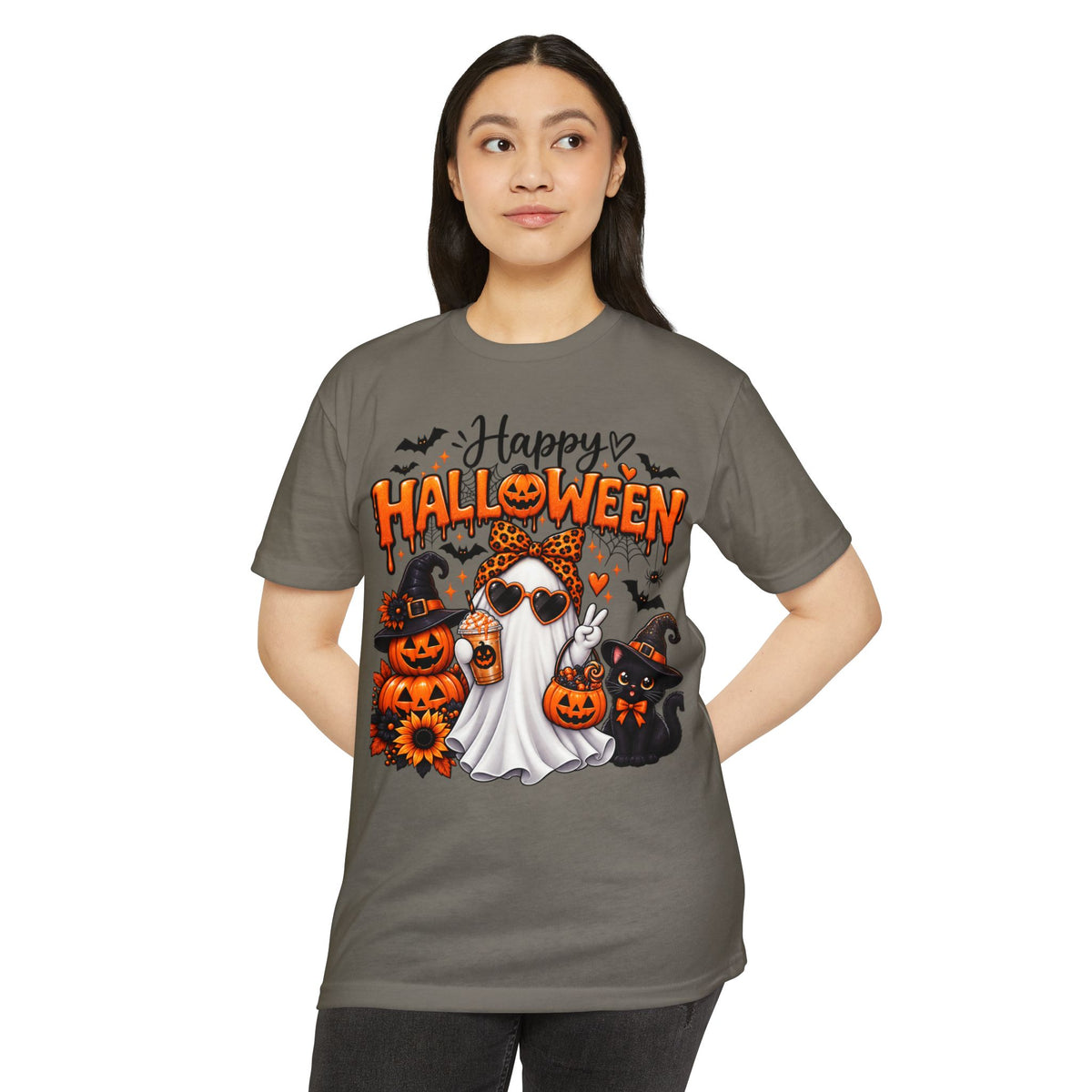 Halloween Ghost Tee - "Happy Halloween" Cute Pumpkin & Black Cat Graphic T-Shirt