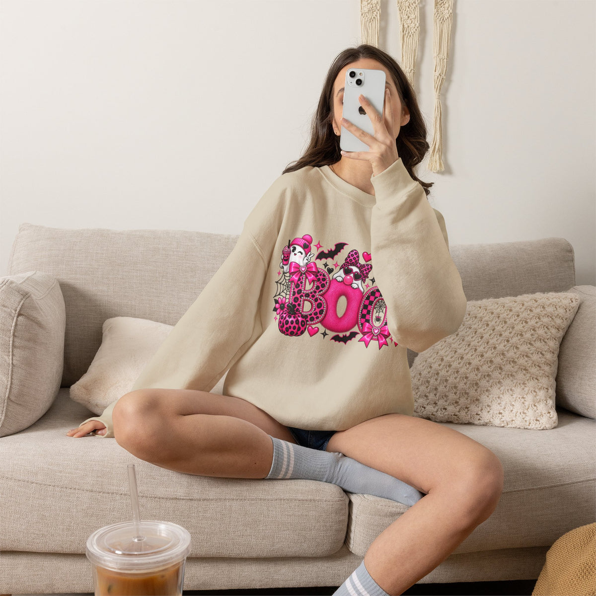 Halloween 'Boo' Graphic Sweatshirt — Cute Pink Ghosts & Bats Cozy Pullover