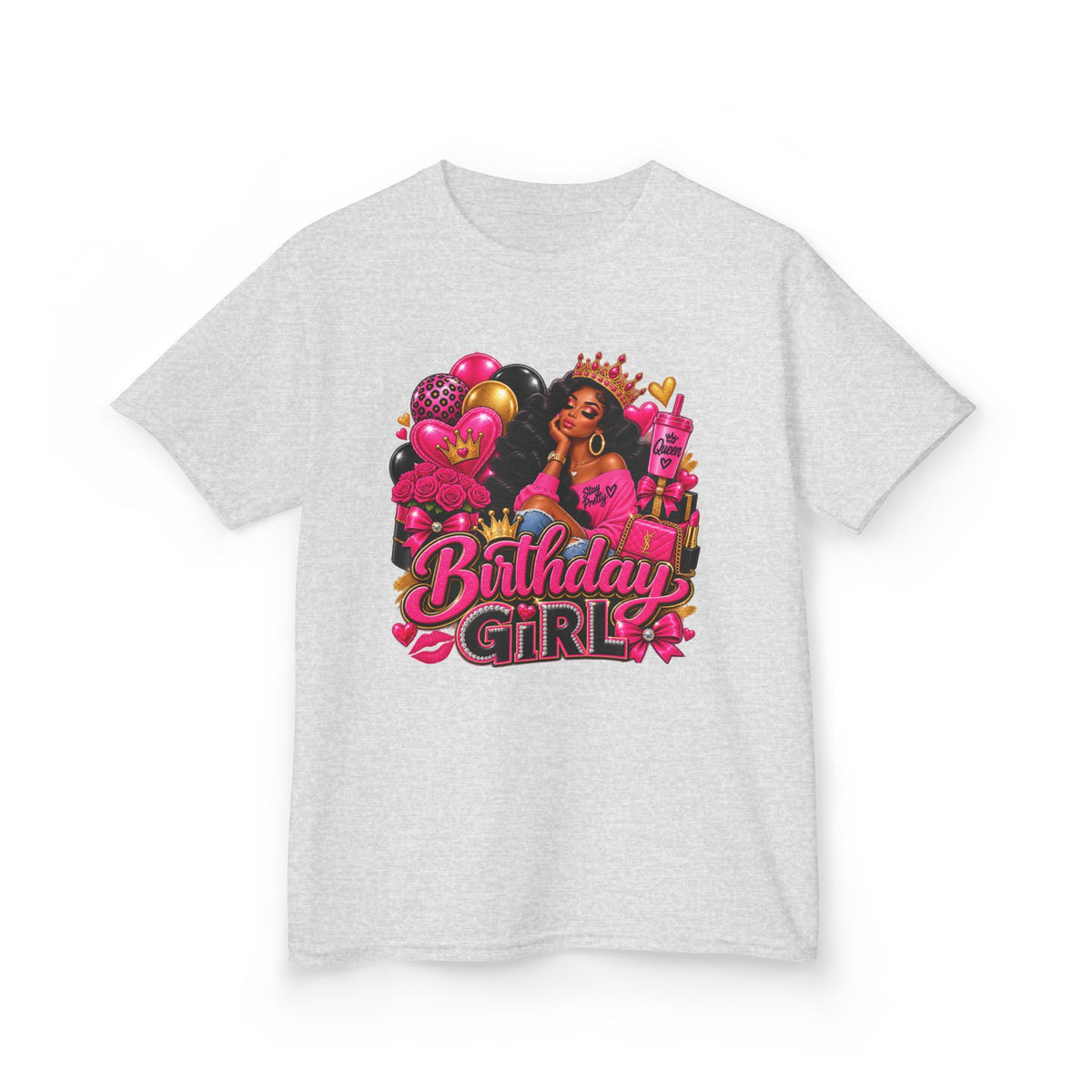 Birthday Girl Kids Tee — Pink Balloons & Crown Birthday Shirt