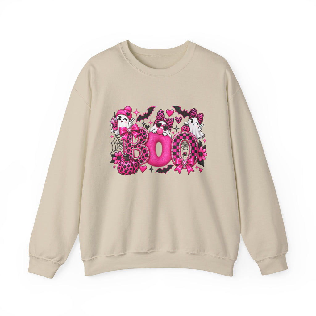 Halloween 'Boo' Graphic Sweatshirt — Cute Pink Ghosts & Bats Cozy Pullover