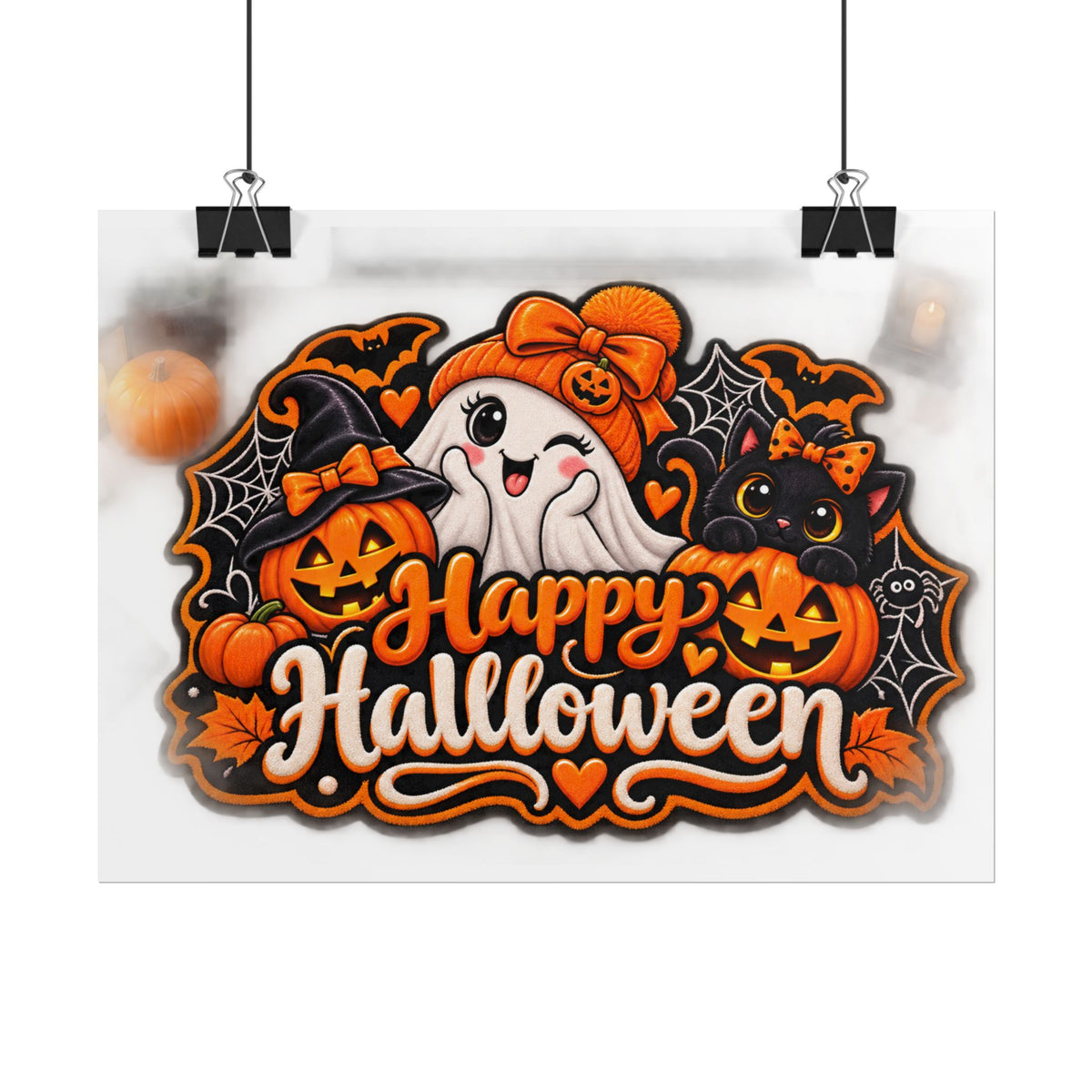 Happy Halloween Rolled Poster — Cute Ghost, Pumpkins & Black Cat Halloween Wall Art
