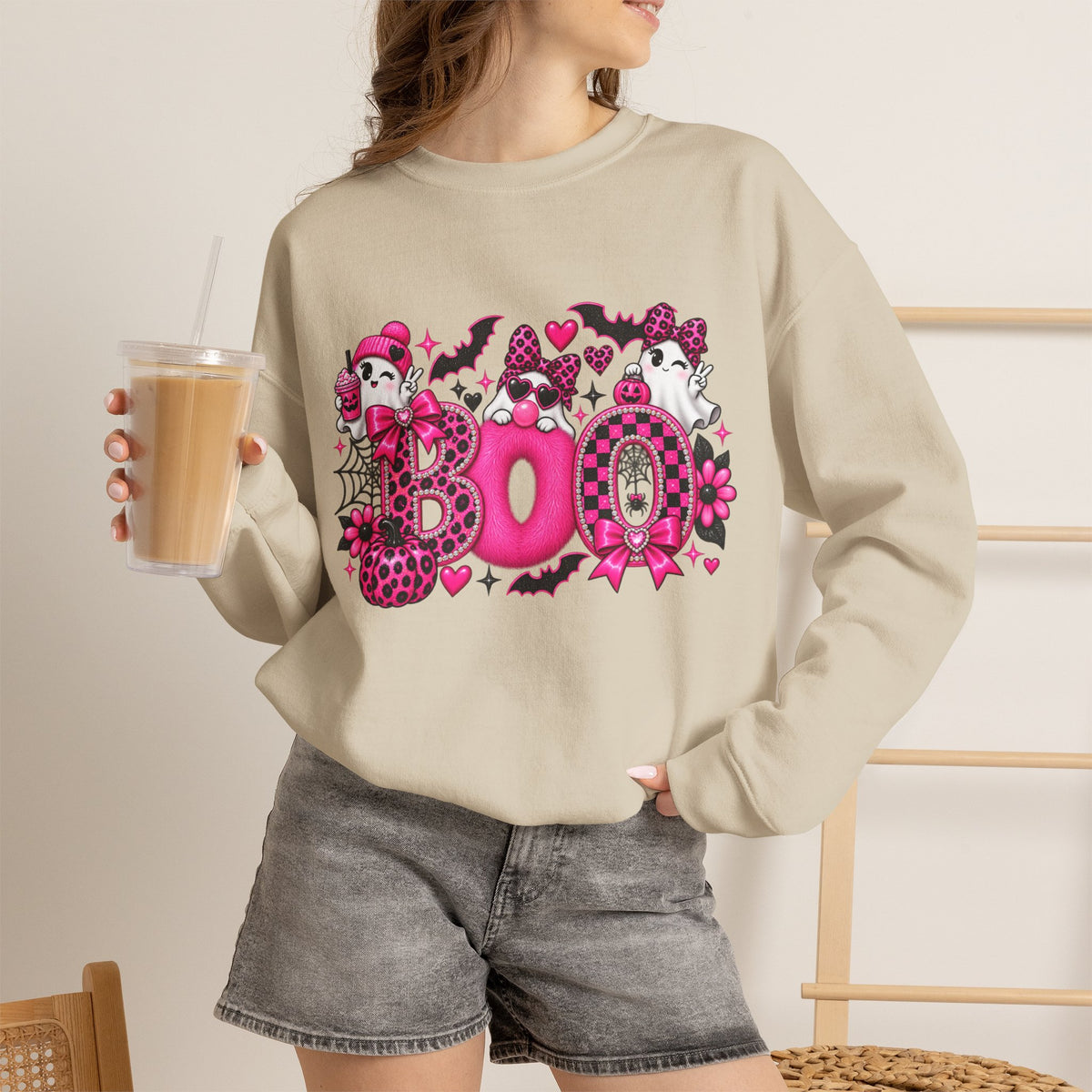 Halloween 'Boo' Graphic Sweatshirt — Cute Pink Ghosts & Bats Cozy Pullover