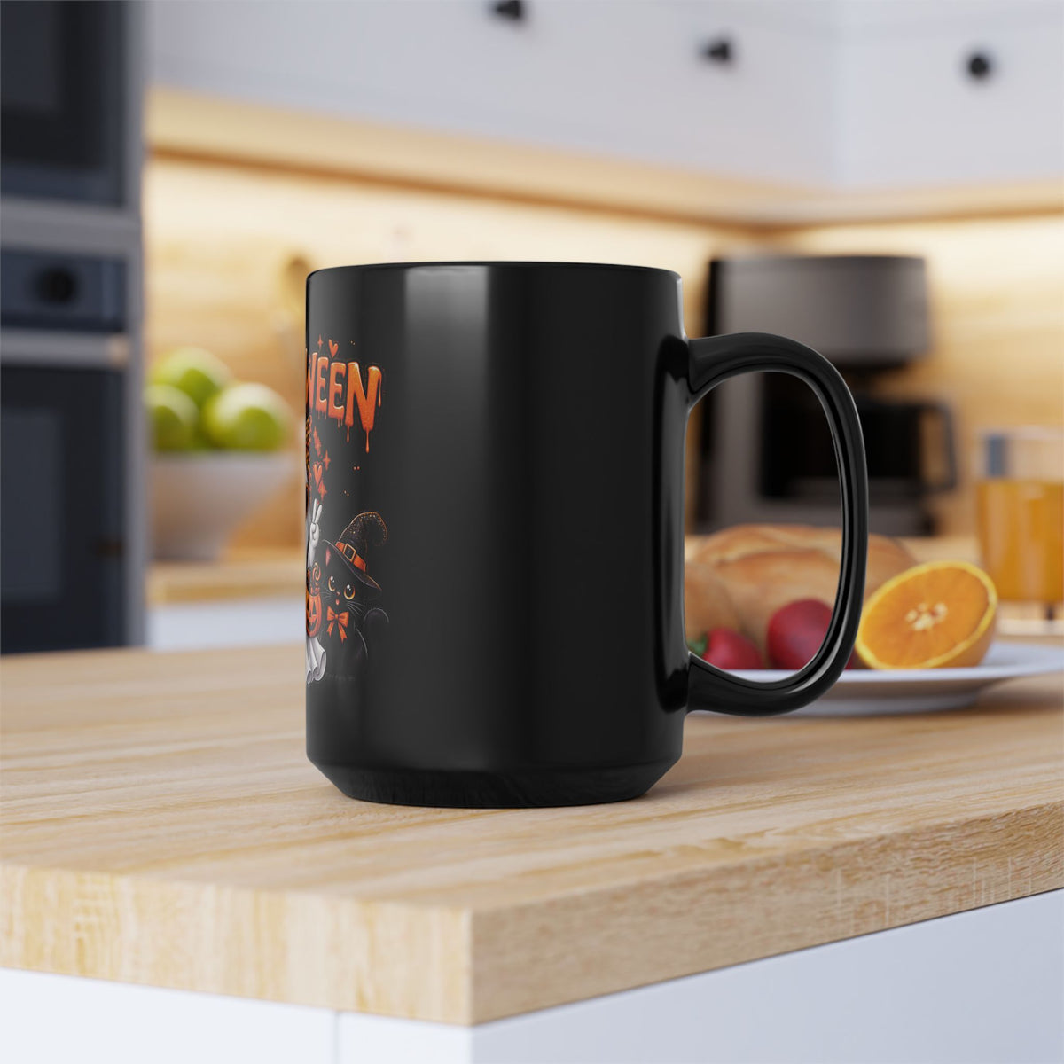 Halloween Ghost & Pumpkins Black Mug – Cute Spooky Coffee Cup (11oz/15oz)