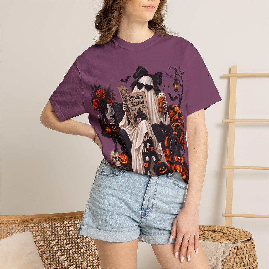 Halloween Ghost Reading T-Shirt — Spooky Pumpkin & 'Spooky Season' Graphic