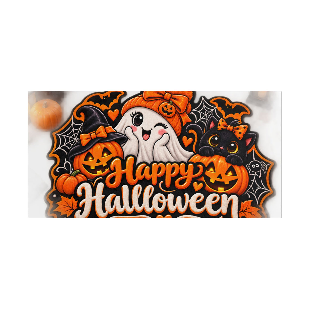 Happy Halloween Rolled Poster — Cute Ghost, Pumpkins & Black Cat Halloween Wall Art