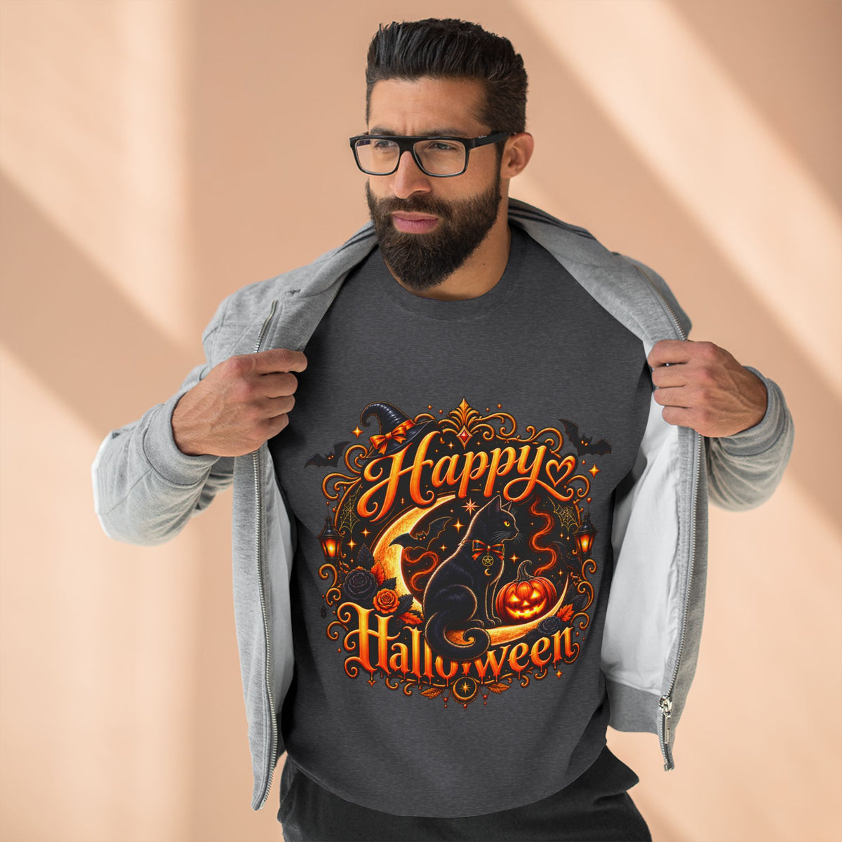 Happy Halloween Crewneck Sweatshirt — Festive Pumpkin & Witch Hat Holiday Sweater
