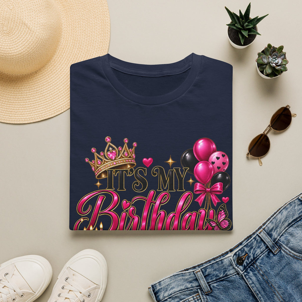 Birthday T-Shirt – “It’s My Birthday” Pink Crown & Balloons | Custom Birthday Shirt