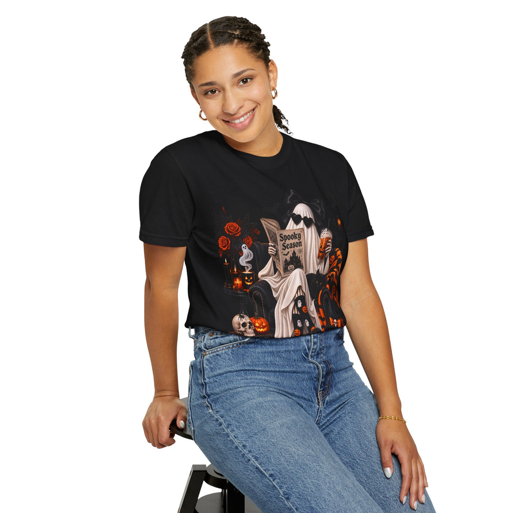 Halloween Ghost Reading T-Shirt — Spooky Pumpkin & 'Spooky Season' Graphic