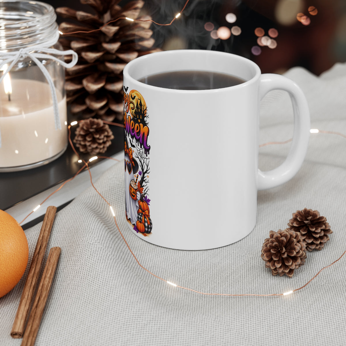 Happy Halloween Ghost Mug — Cute Trick-or-Treat Pumpkin & Black Cat Coffee Cup (11 oz)