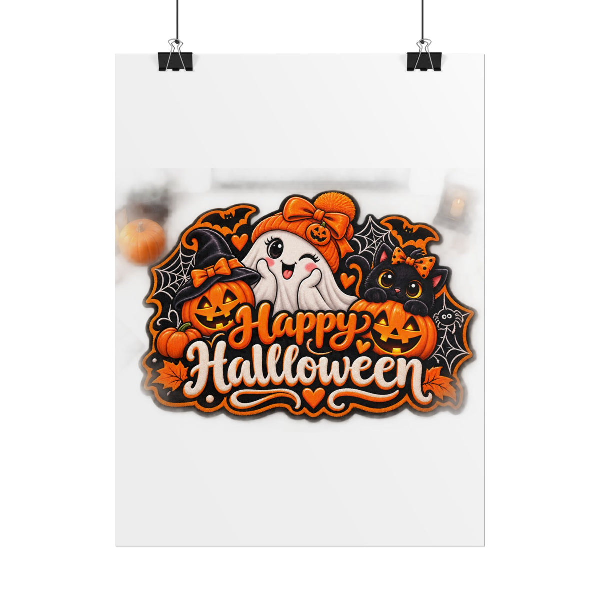 Happy Halloween Rolled Poster — Cute Ghost, Pumpkins & Black Cat Halloween Wall Art