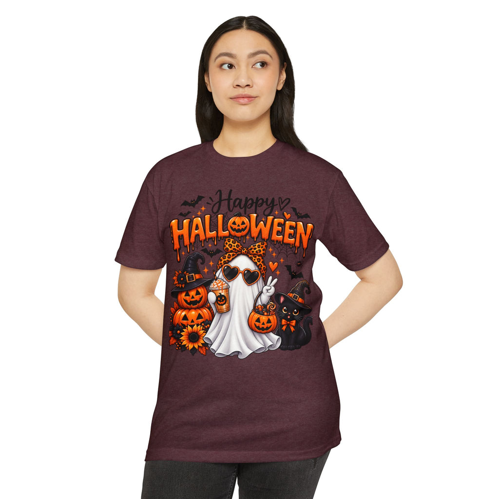 Halloween Ghost Tee - "Happy Halloween" Cute Pumpkin & Black Cat Graphic T-Shirt