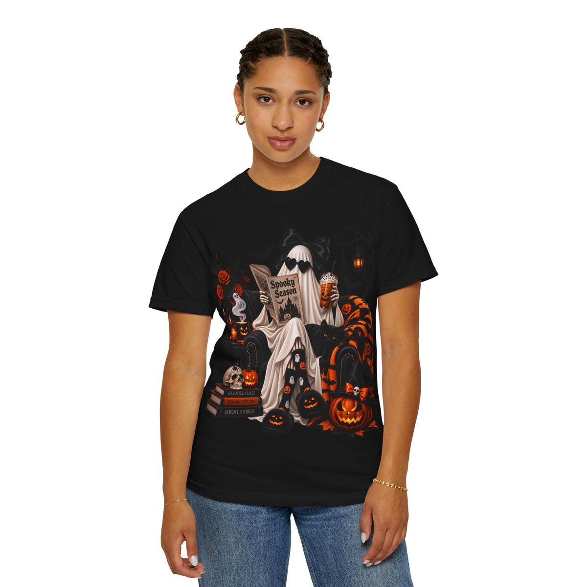Halloween Ghost Reading T-Shirt — Spooky Pumpkin & 'Spooky Season' Graphic