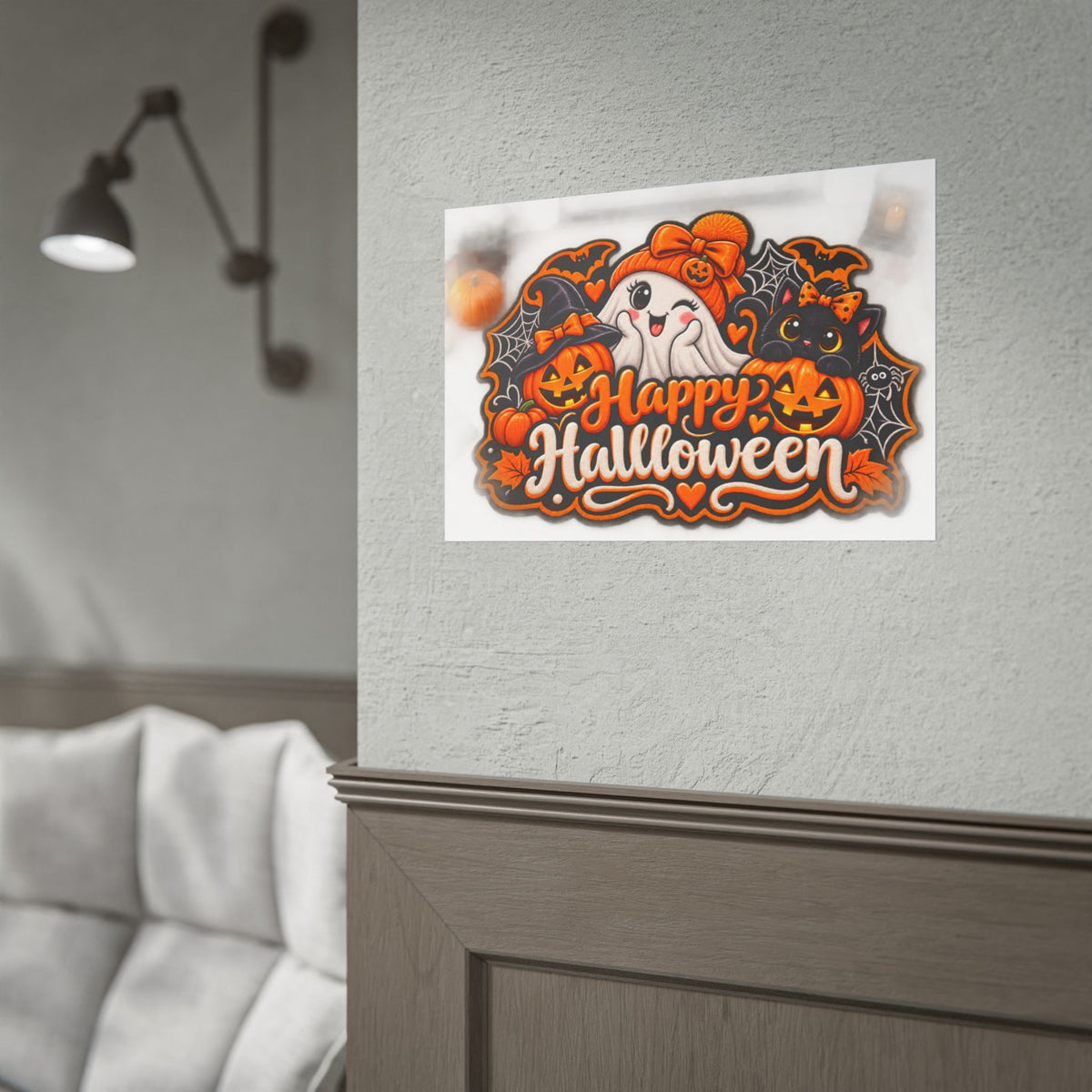 Happy Halloween Rolled Poster — Cute Ghost, Pumpkins & Black Cat Halloween Wall Art