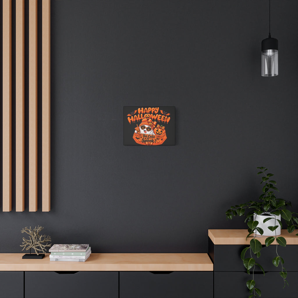 Happy Halloween Canvas — "Too Cute to Spook!" Kawaii Pumpkin Ghost Wall Art