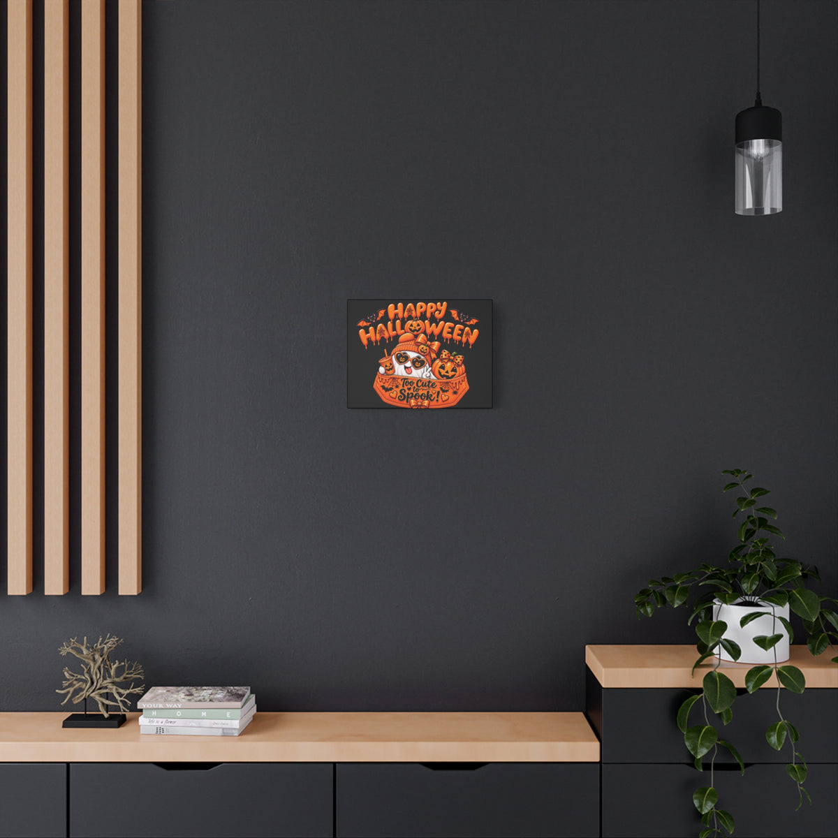 Happy Halloween Canvas — "Too Cute to Spook!" Kawaii Pumpkin Ghost Wall Art