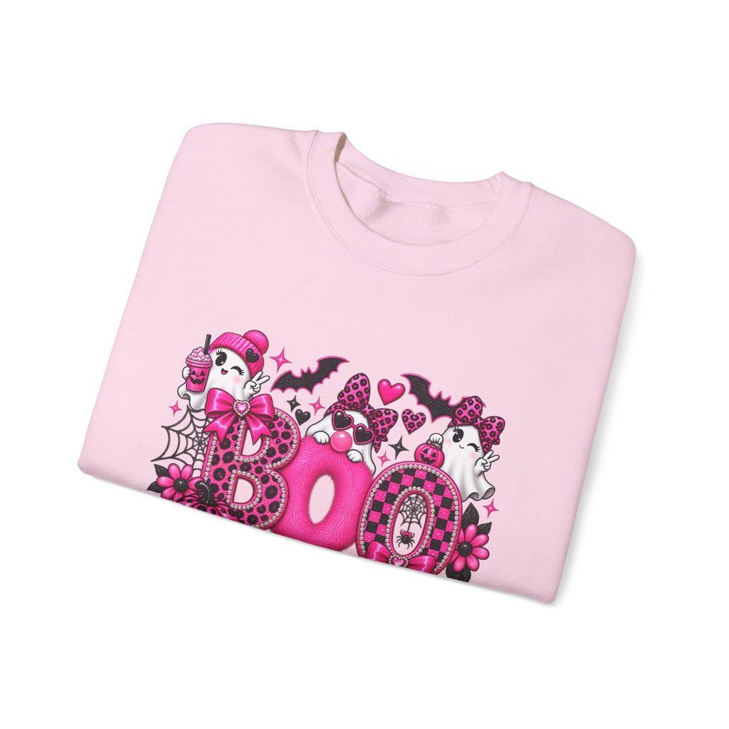 Halloween 'Boo' Graphic Sweatshirt — Cute Pink Ghosts & Bats Cozy Pullover