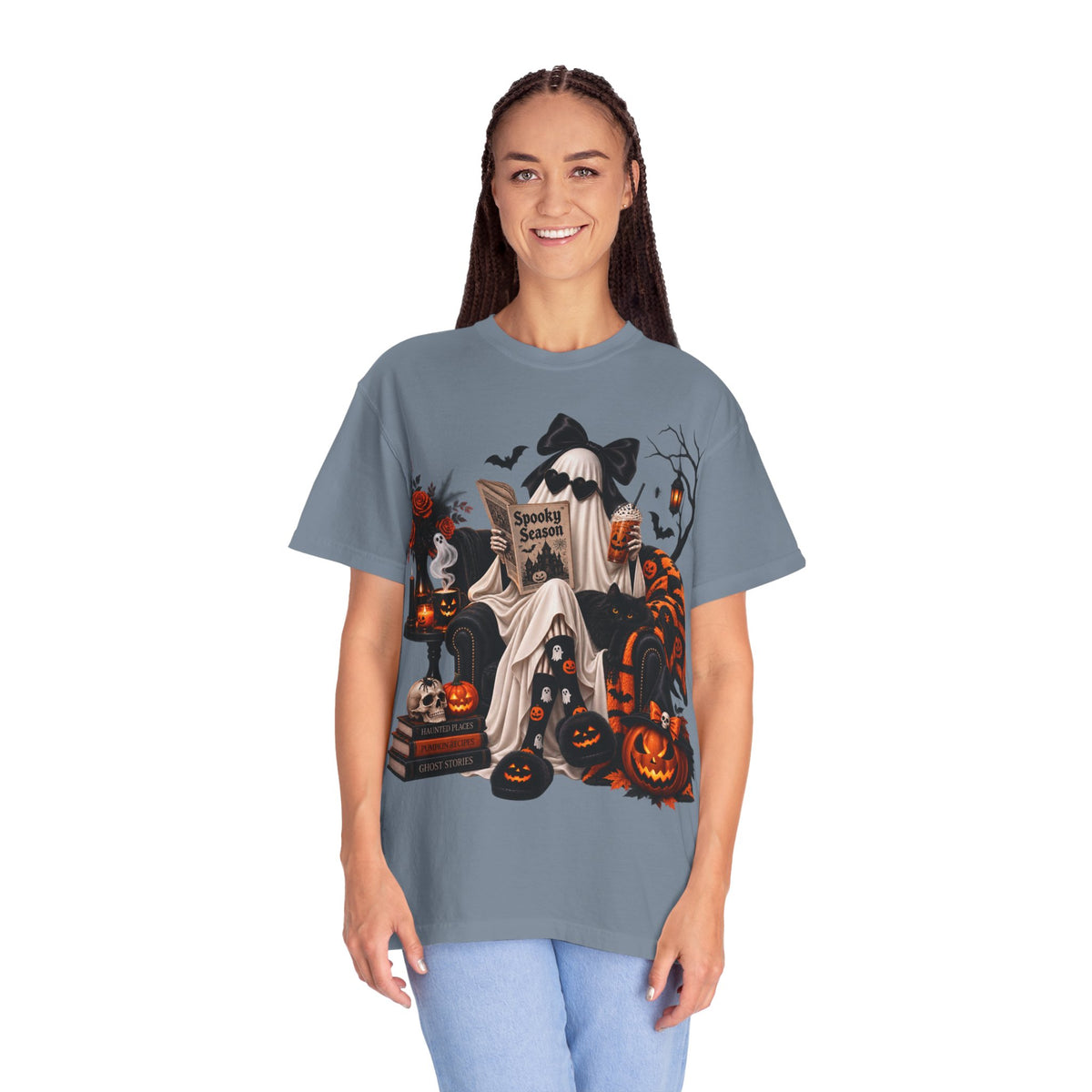 Halloween Ghost Reading T-Shirt — Spooky Pumpkin & 'Spooky Season' Graphic