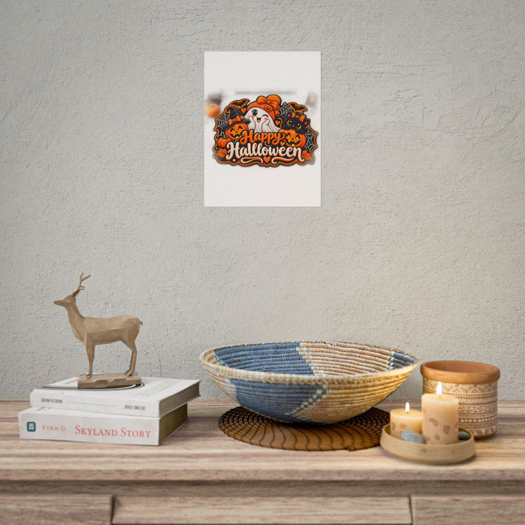 Happy Halloween Rolled Poster — Cute Ghost, Pumpkins & Black Cat Halloween Wall Art