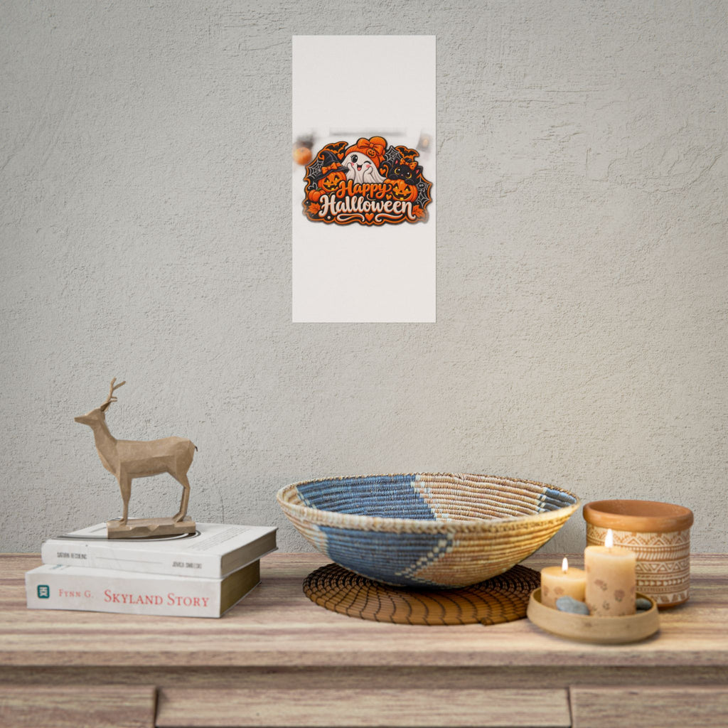 Happy Halloween Rolled Poster — Cute Ghost, Pumpkins & Black Cat Halloween Wall Art