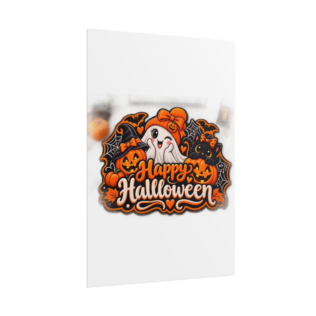 Happy Halloween Rolled Poster — Cute Ghost, Pumpkins & Black Cat Halloween Wall Art