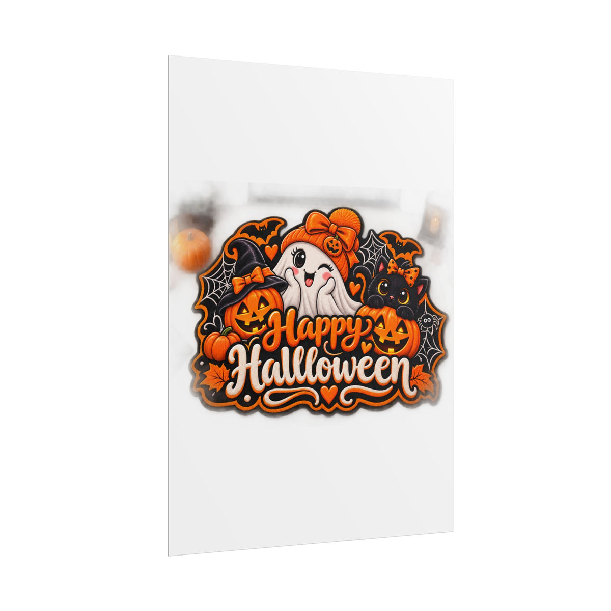 Happy Halloween Rolled Poster — Cute Ghost, Pumpkins & Black Cat Halloween Wall Art