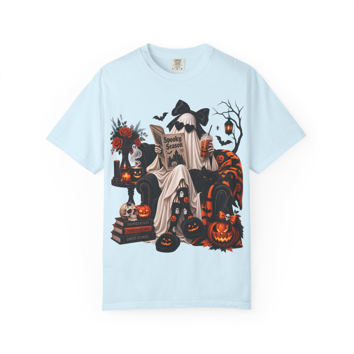 Halloween Ghost Reading T-Shirt — Spooky Pumpkin & 'Spooky Season' Graphic