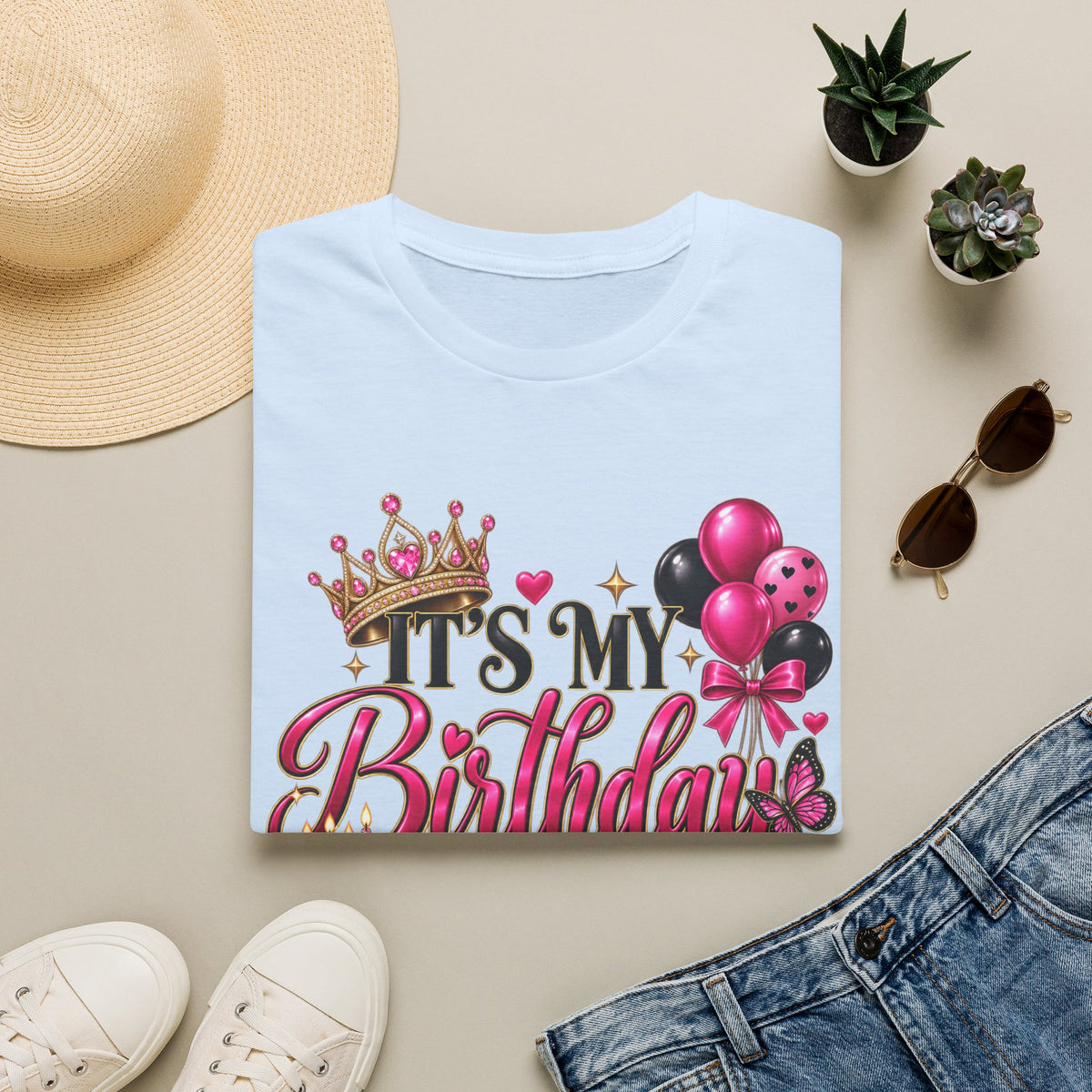 Birthday T-Shirt – “It’s My Birthday” Pink Crown & Balloons | Custom Birthday Shirt