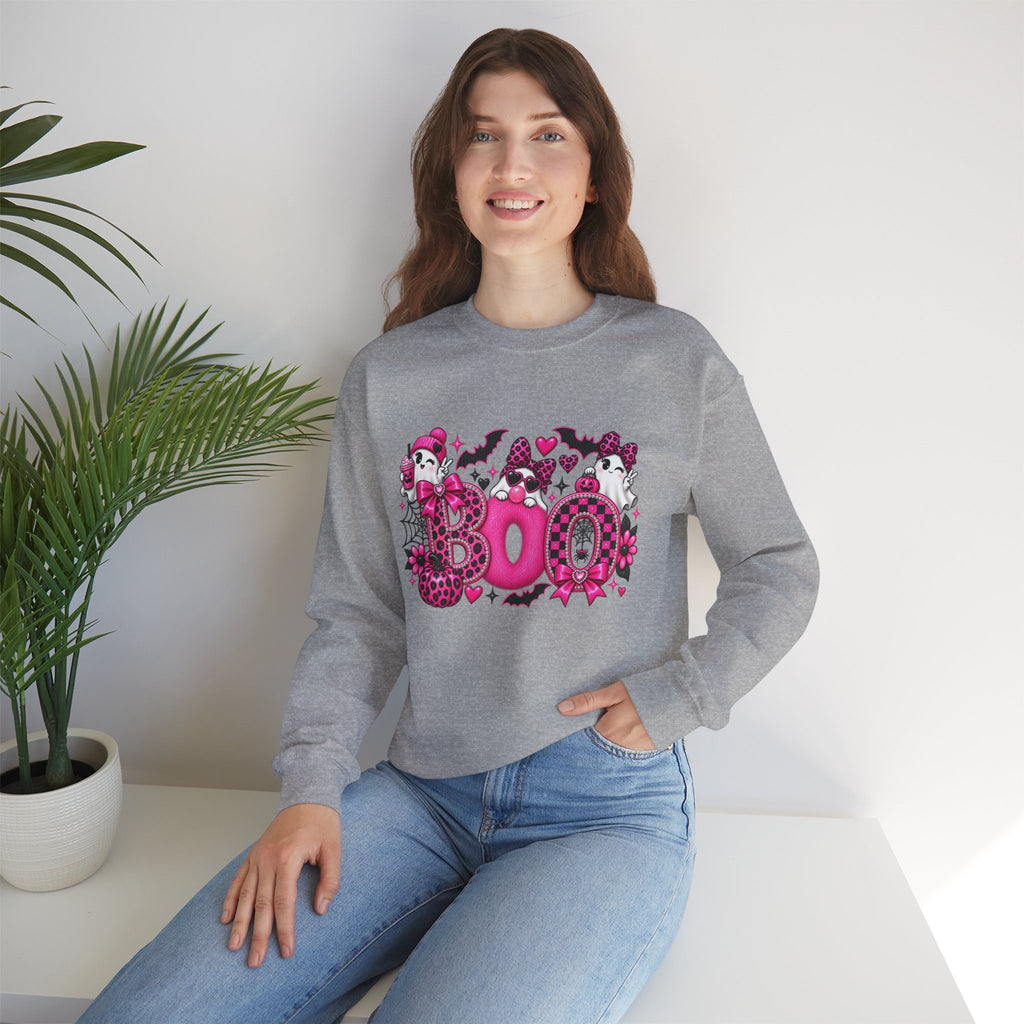Halloween 'Boo' Graphic Sweatshirt — Cute Pink Ghosts & Bats Cozy Pullover