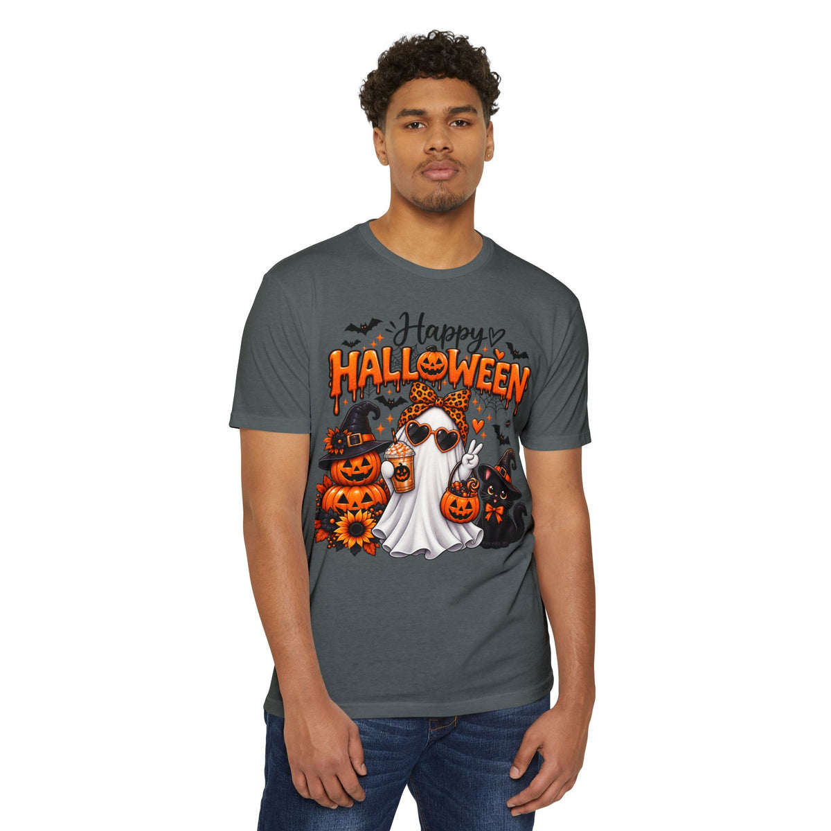 Halloween Ghost Tee - "Happy Halloween" Cute Pumpkin & Black Cat Graphic T-Shirt