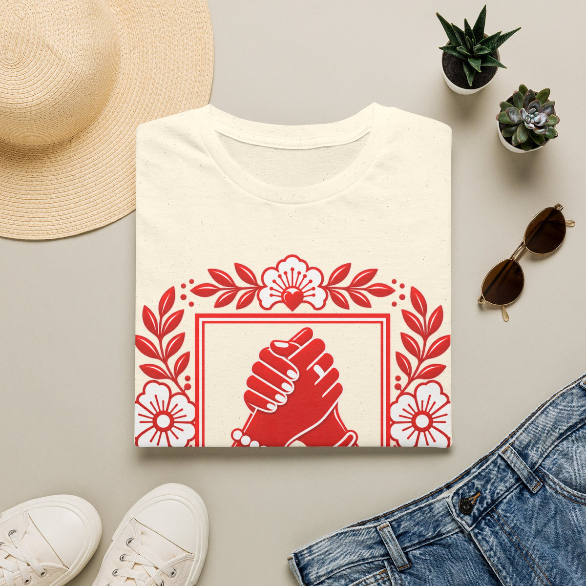 We Rise Together T-Shirt — Red Floral Unity Design