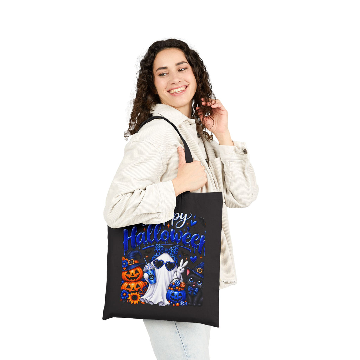 Halloween Ghost & Cats Cotton Tote Bag — "Happy Halloween" Trick-or-Treat Canvas Shopper