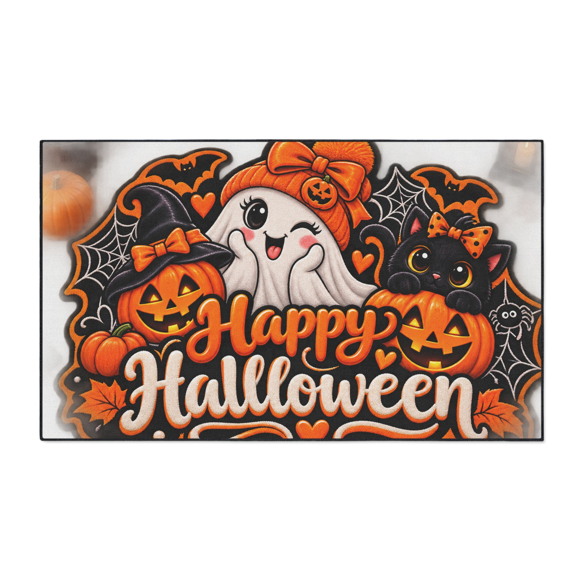 Halloween Doormat - Happy Halloween Cute Ghost & Black Cat Heavy Duty Floor Mat