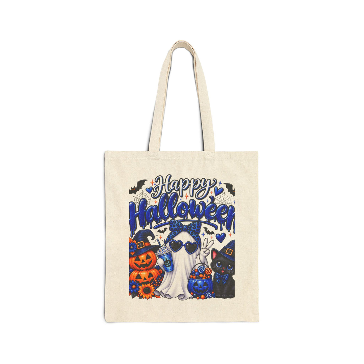 Halloween Ghost & Cats Cotton Tote Bag — "Happy Halloween" Trick-or-Treat Canvas Shopper