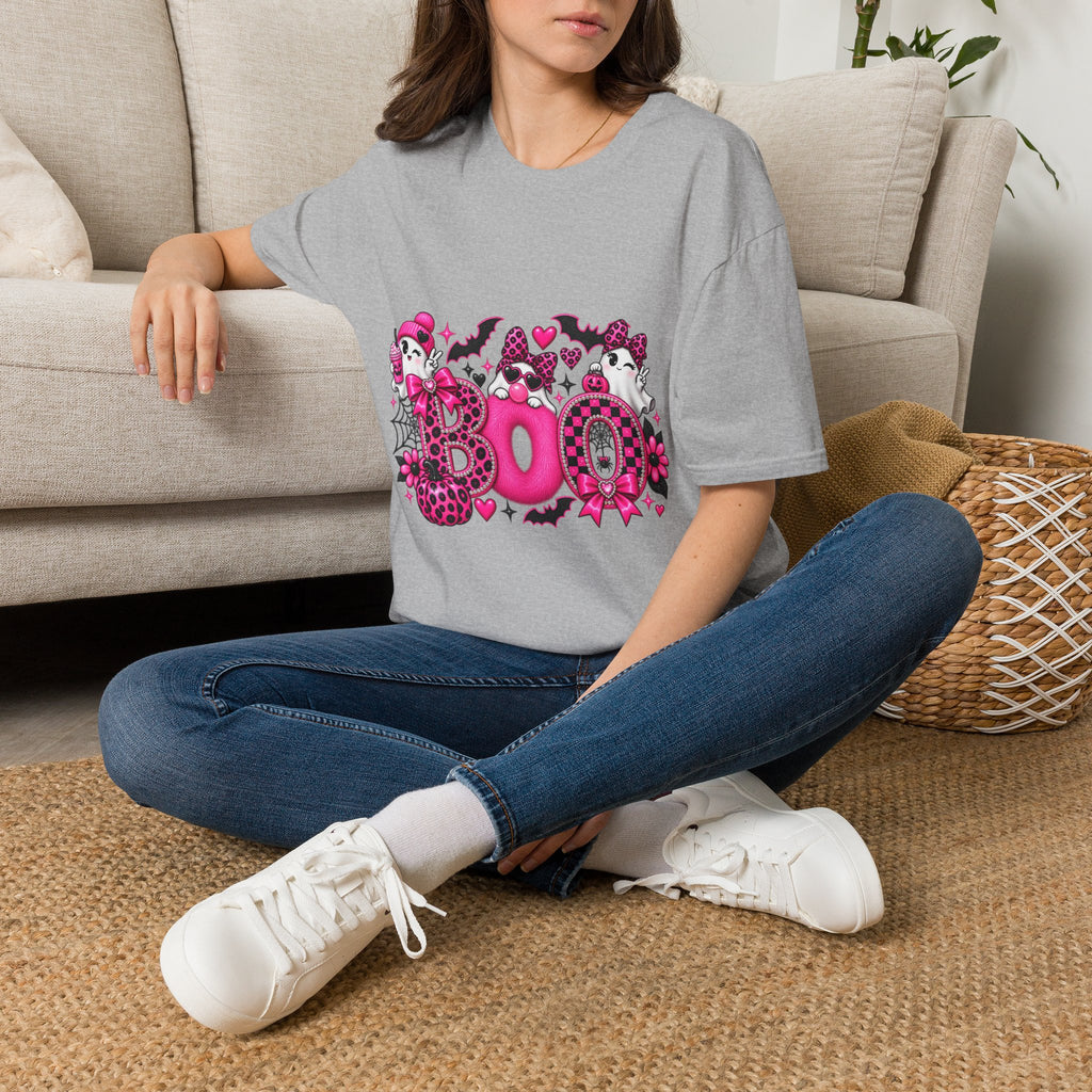 Boo! Pink Gothic Halloween T-Shirt — Cute Ghosts, Bats & Hearts Design