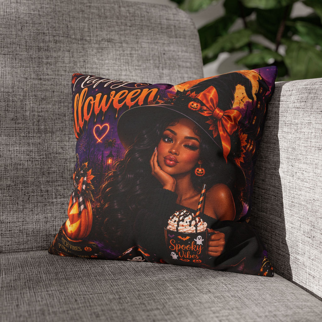 Halloween Witch Pillowcase — "Happy Halloween" Black Girl Witch Decorative Throw Pillow Cover