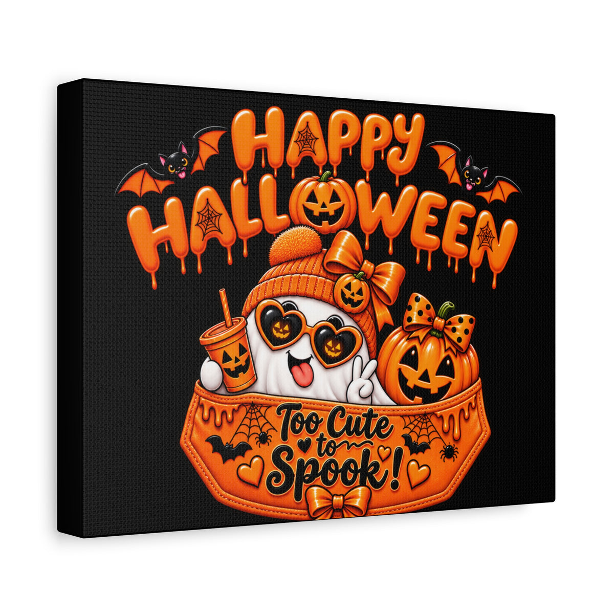 Happy Halloween Canvas — "Too Cute to Spook!" Kawaii Pumpkin Ghost Wall Art