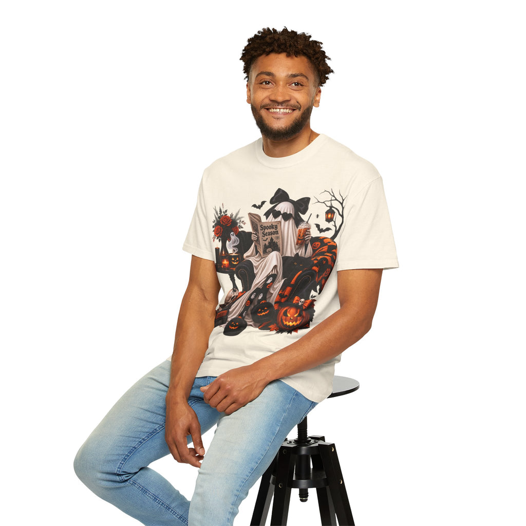 Halloween Ghost Reading T-Shirt — Spooky Pumpkin & 'Spooky Season' Graphic