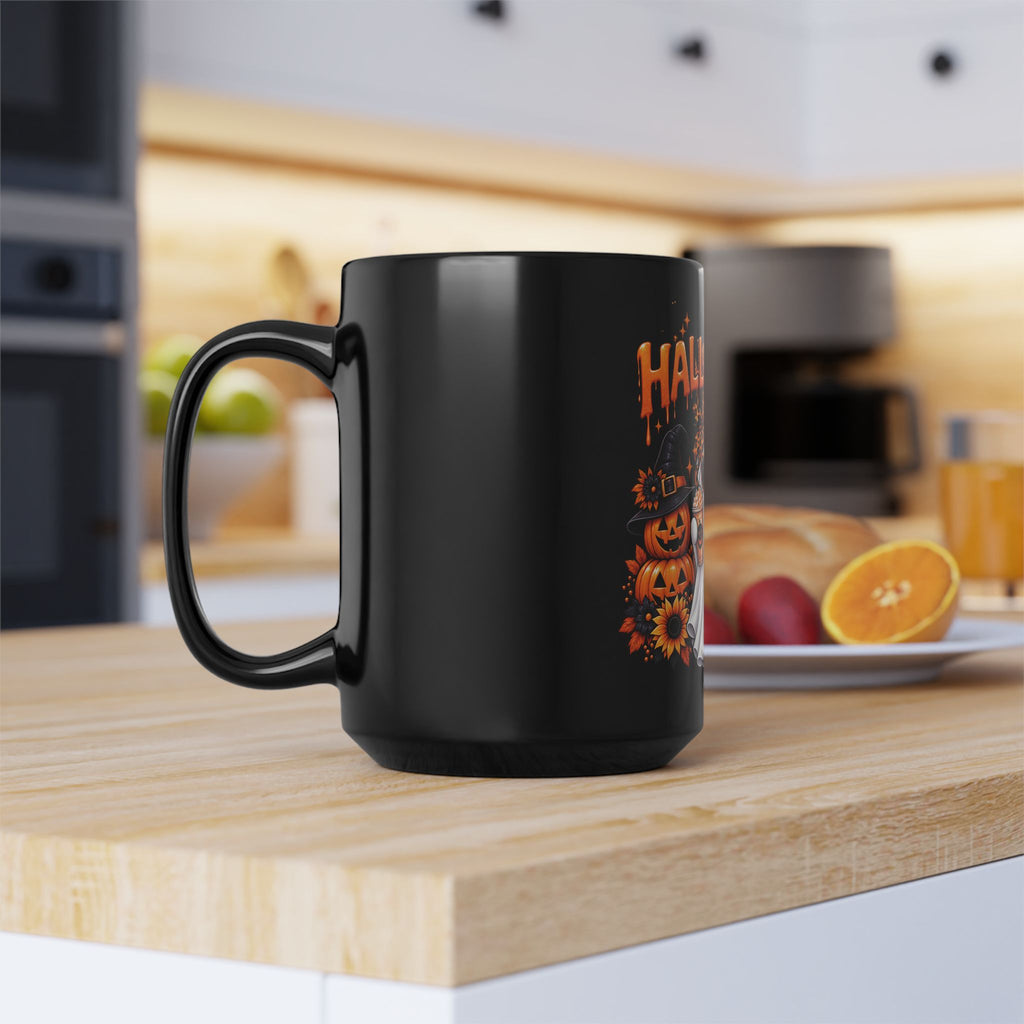 Halloween Ghost & Pumpkins Black Mug – Cute Spooky Coffee Cup (11oz/15oz)
