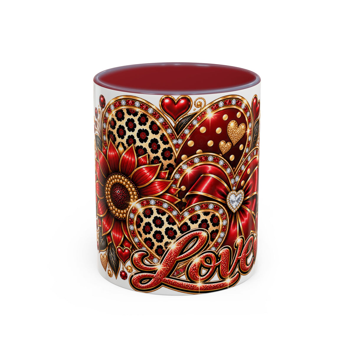 Love Heart Accent Coffee Mug — Red Leopard Floral Valentine Gift (11/15 oz)