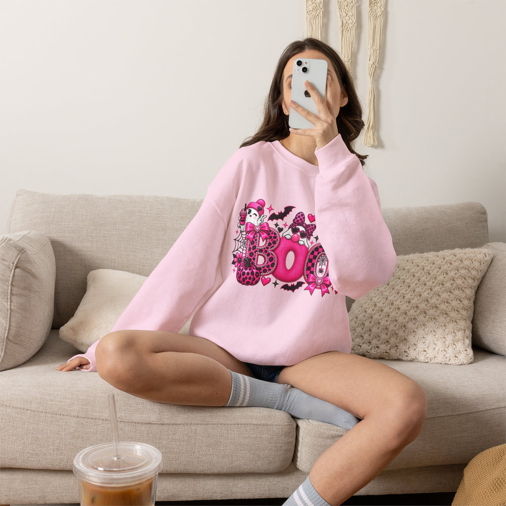 Halloween 'Boo' Graphic Sweatshirt — Cute Pink Ghosts & Bats Cozy Pullover