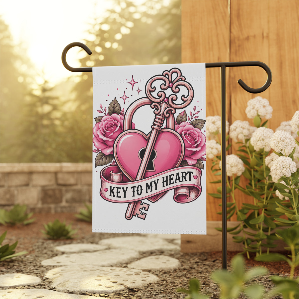 Garden Flag - "Key to My Heart" Romantic Heart & Key Floral Banner (Valentine’s Day, Anniversary)