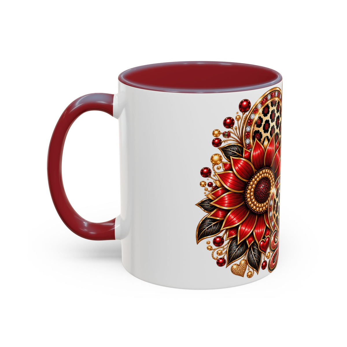 Love Heart Accent Coffee Mug — Red Leopard Floral Valentine Gift (11/15 oz)