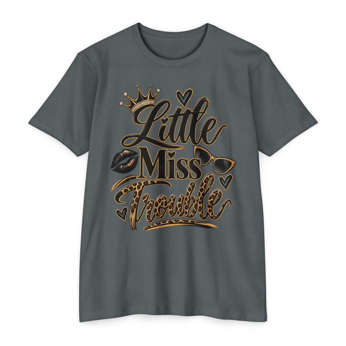 Little Miss Trouble Graphic T-Shirt — Leopard Crown Lip Print