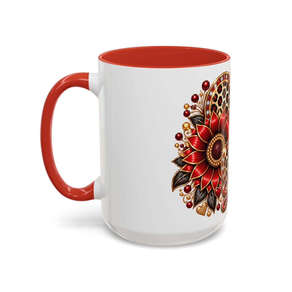 Love Heart Accent Coffee Mug — Red Leopard Floral Valentine Gift (11/15 oz)