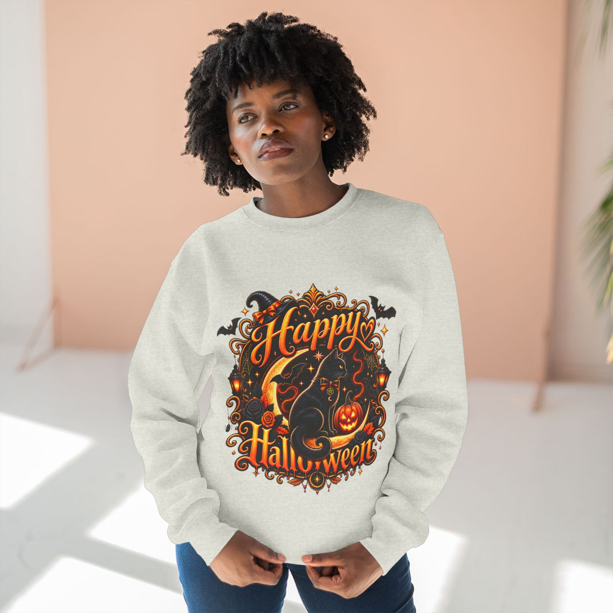 Happy Halloween Crewneck Sweatshirt — Festive Pumpkin & Witch Hat Holiday Sweater