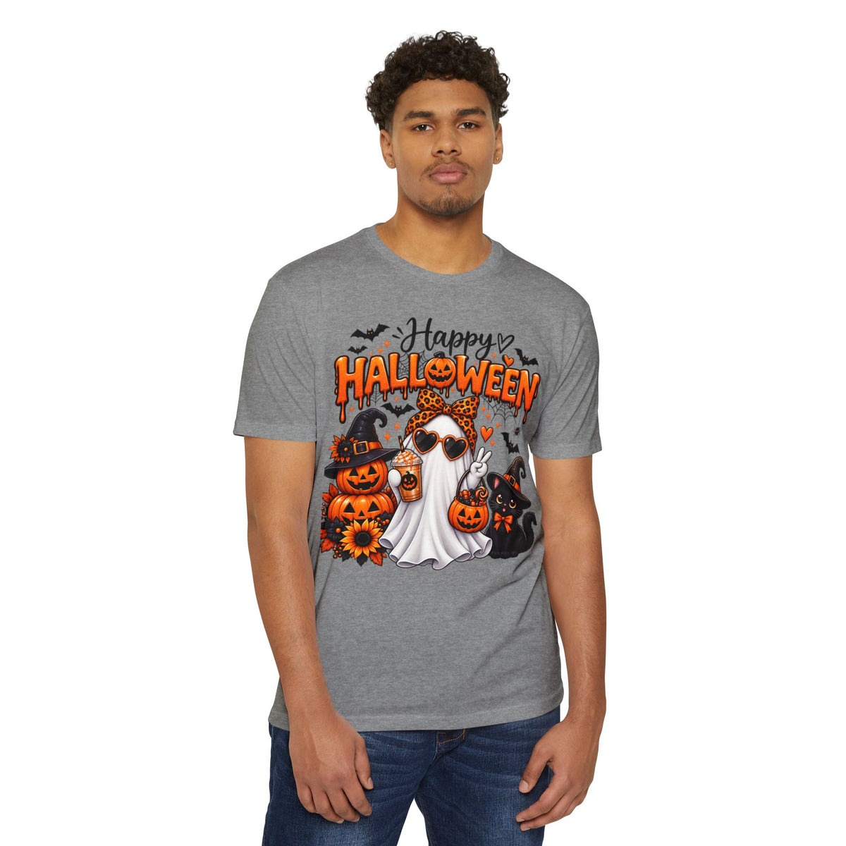 Halloween Ghost Tee - "Happy Halloween" Cute Pumpkin & Black Cat Graphic T-Shirt