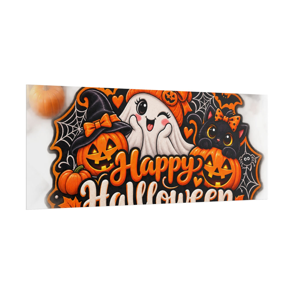 Happy Halloween Rolled Poster — Cute Ghost, Pumpkins & Black Cat Halloween Wall Art