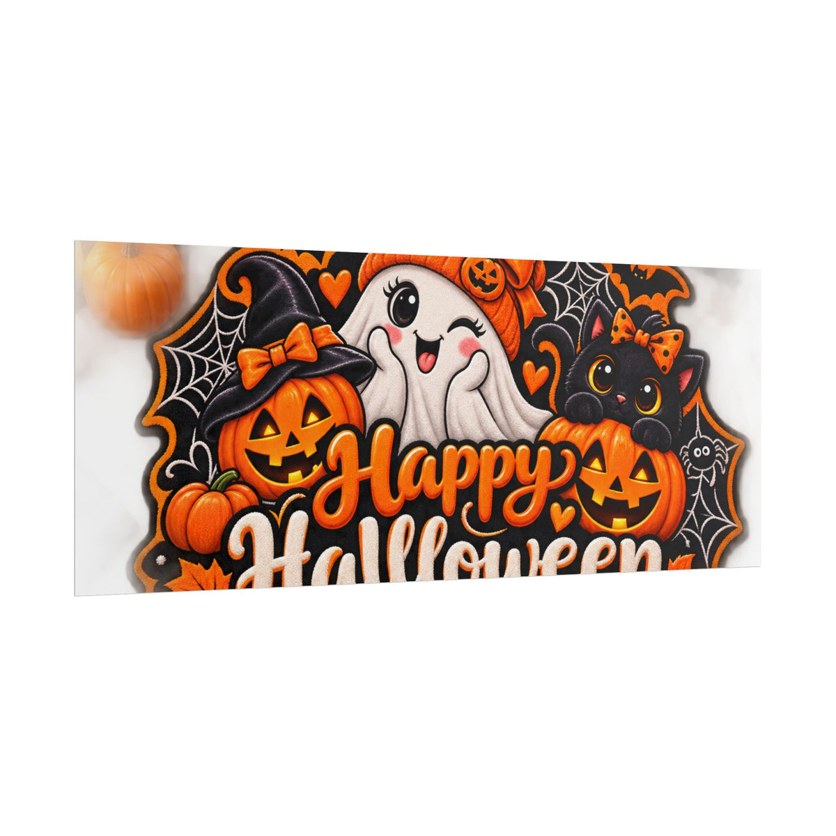Happy Halloween Rolled Poster — Cute Ghost, Pumpkins & Black Cat Halloween Wall Art
