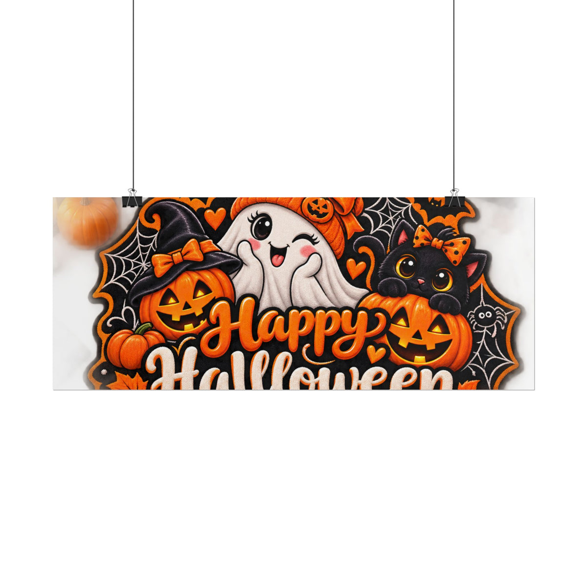 Happy Halloween Rolled Poster — Cute Ghost, Pumpkins & Black Cat Halloween Wall Art