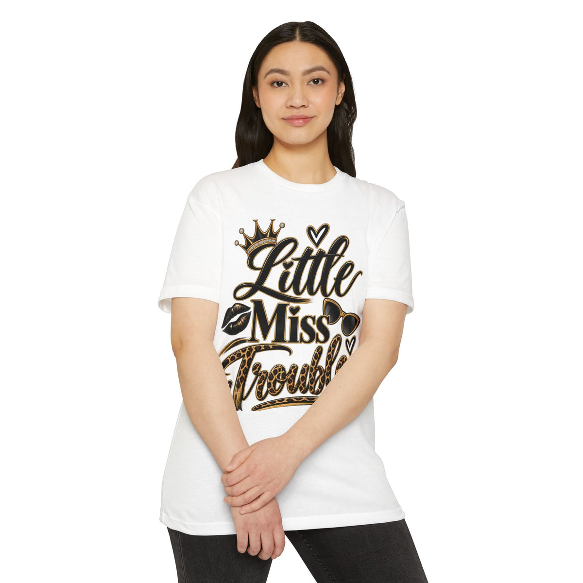 Little Miss Trouble Graphic T-Shirt — Leopard Crown Lip Print